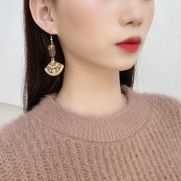 Ancient Asian Fan Stone Drop Earrings - Picture 3 of 11